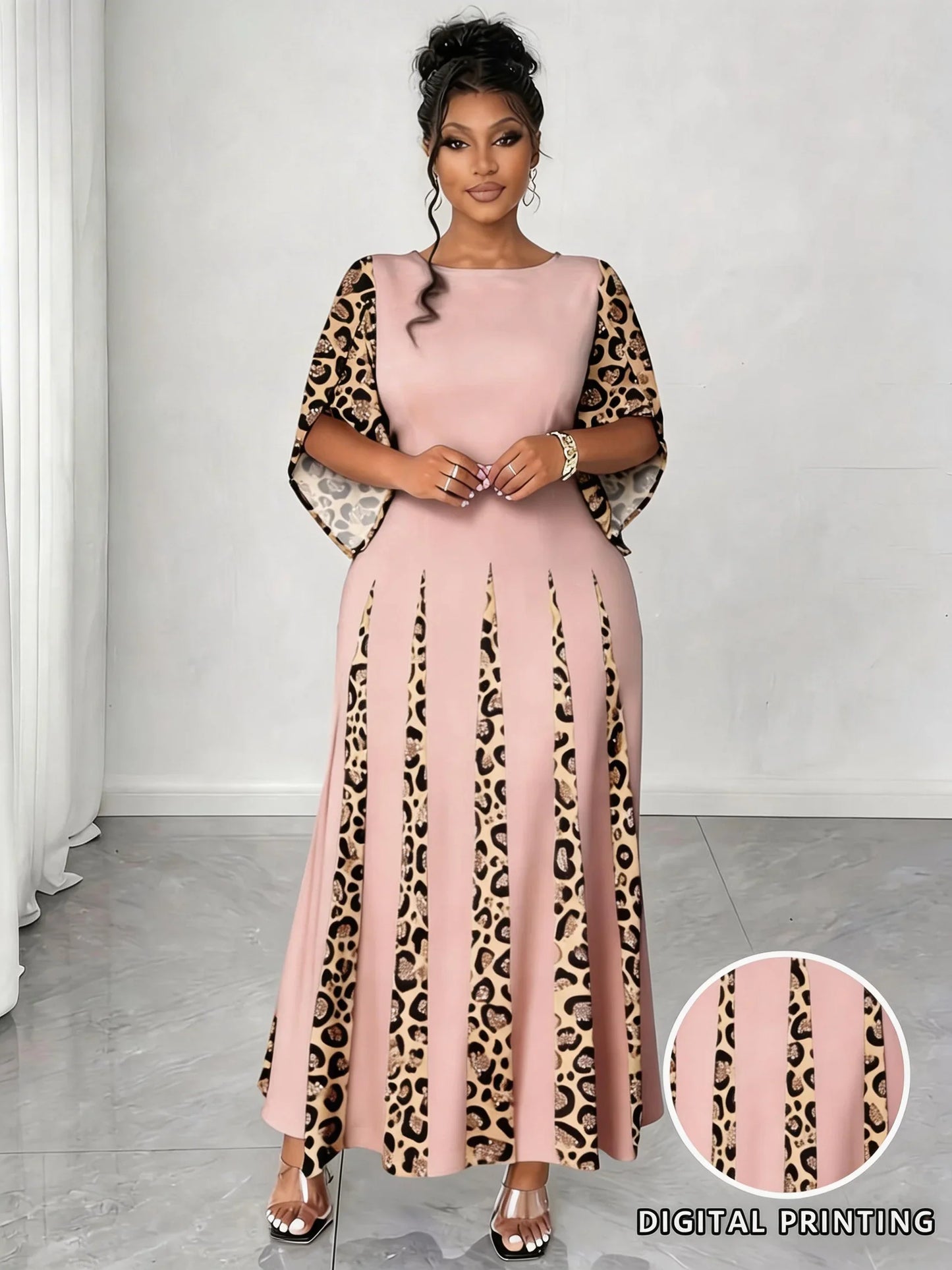 Elegant Leopard Print Maxi Dress, Plus Size Fashionable Long Sleeve Gown, Comfortable & Stylish Women's Clothing