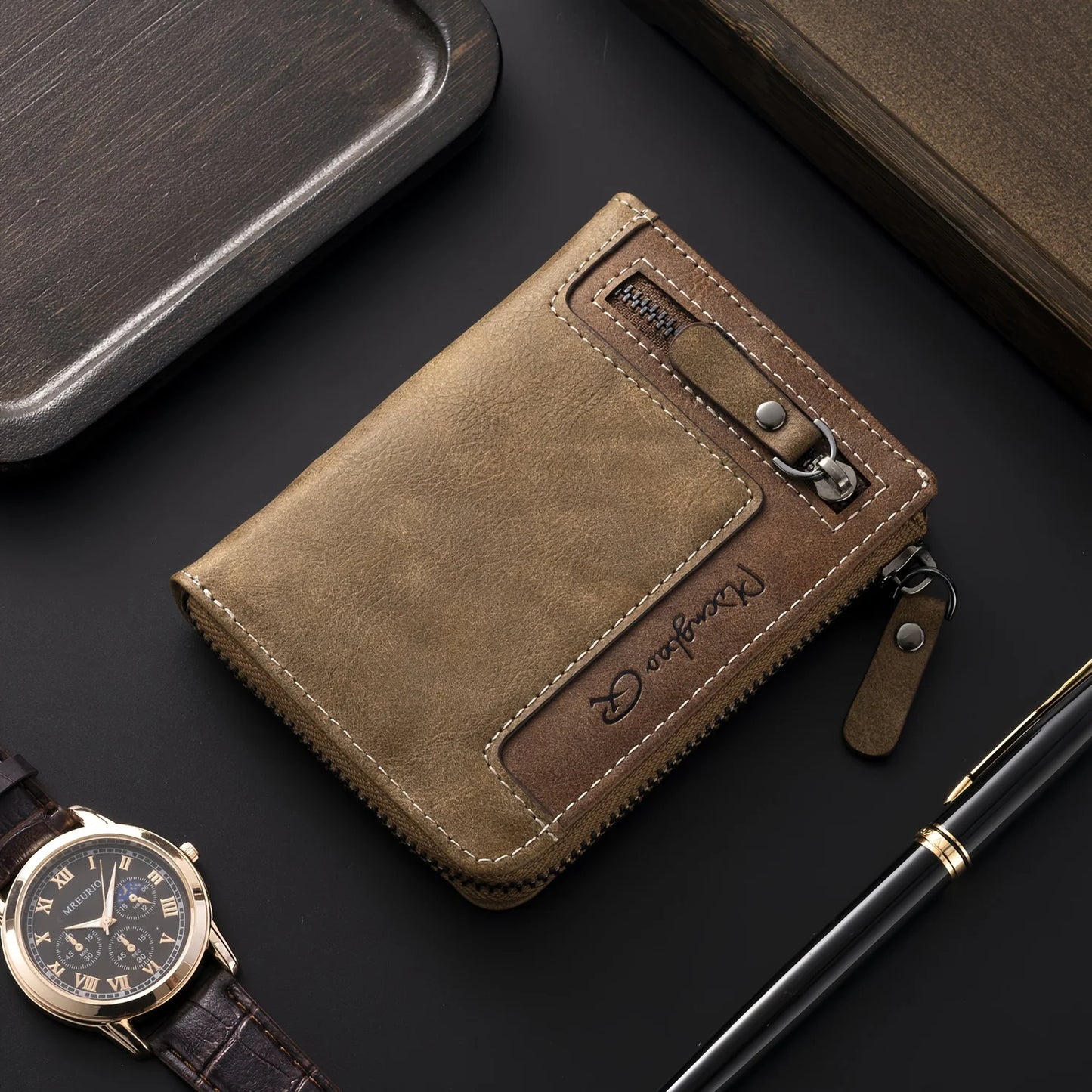 Customized Photo Men Retro Short Wallet Engraved Picture Zipper PU Leather Coin Purse High Quality Credit Card Holder Ideal Gift
