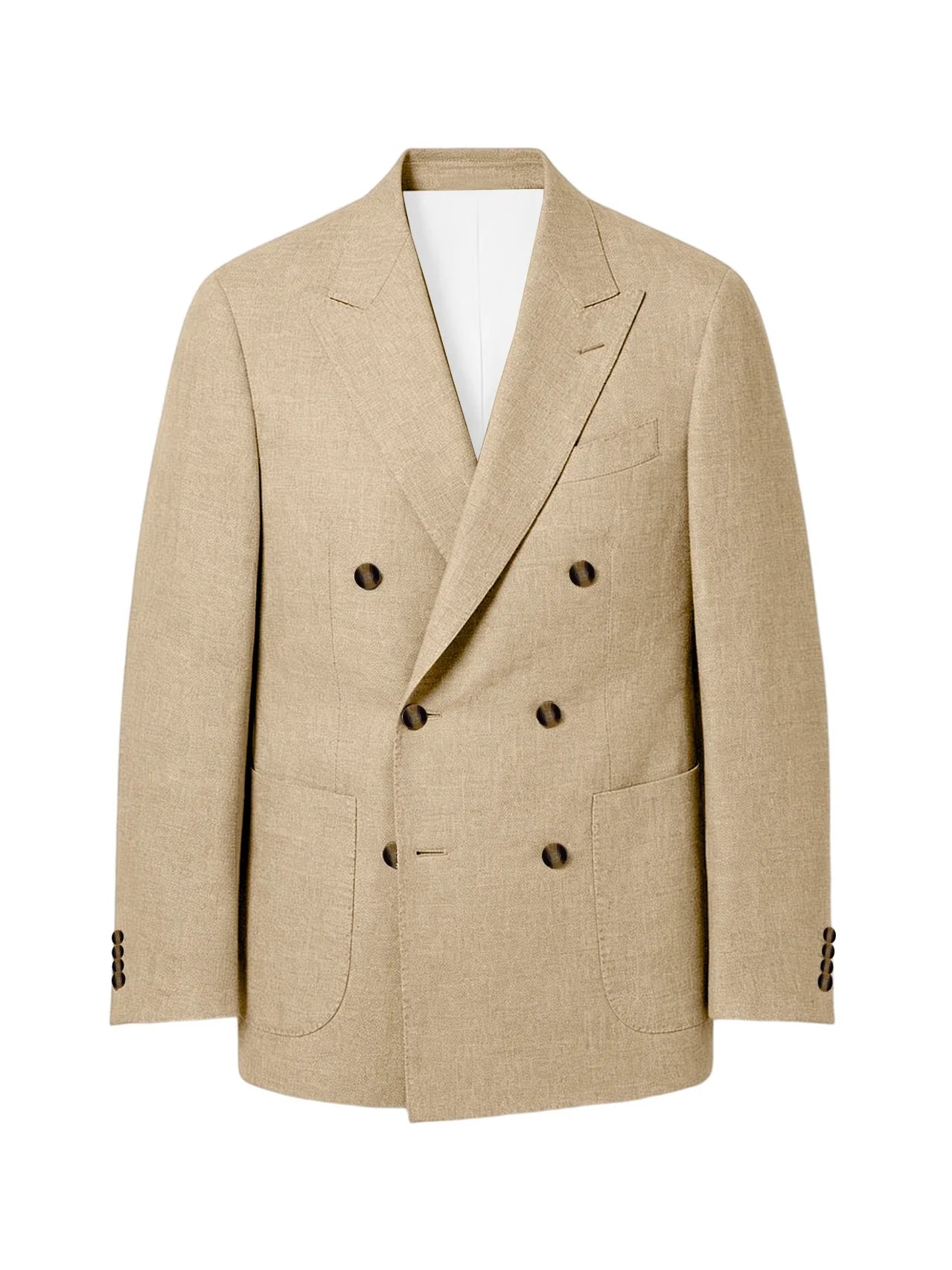 Men's Linen Double Breasted Blazer Peak Lapel Casual Business Suit Jacket With Patch Pockets For Daily Office Wear