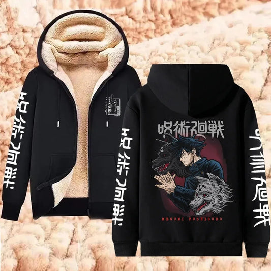 Warm Zipper Jacket Anime Thicken Hoodie Men Women Lamb Wool Casual Long Sleeve Sweatshirts Streetwear
