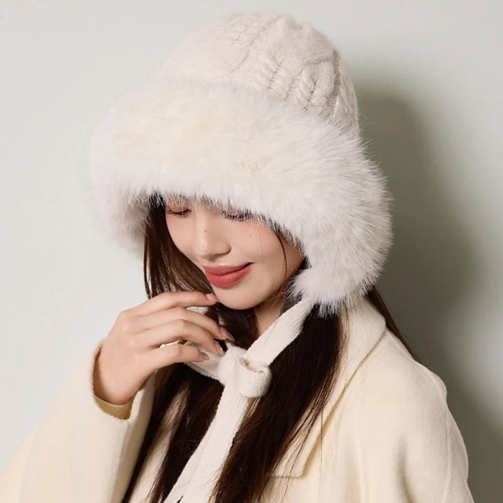 Knitted Hat New Thick Warm Winter Russian Hat Women Windproof Fluffy Fur Hat Lady Skullies Beanies Female Ski Earflap Cap