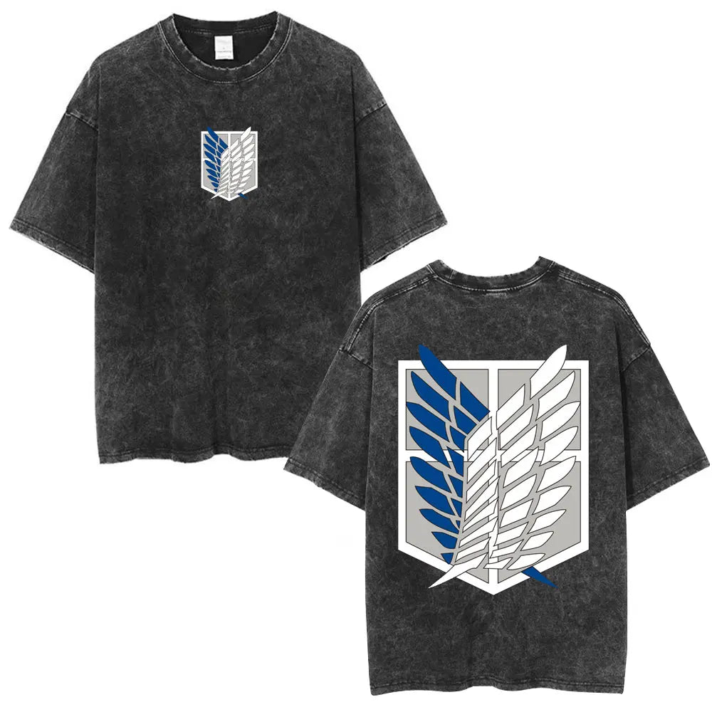 Anime Attack on Titan Washed T-Shirt Ackerman Mikasa Eren Jaeger Cherry Blossom Graphics Logo T Shirt Men Women Cotton T Shirts