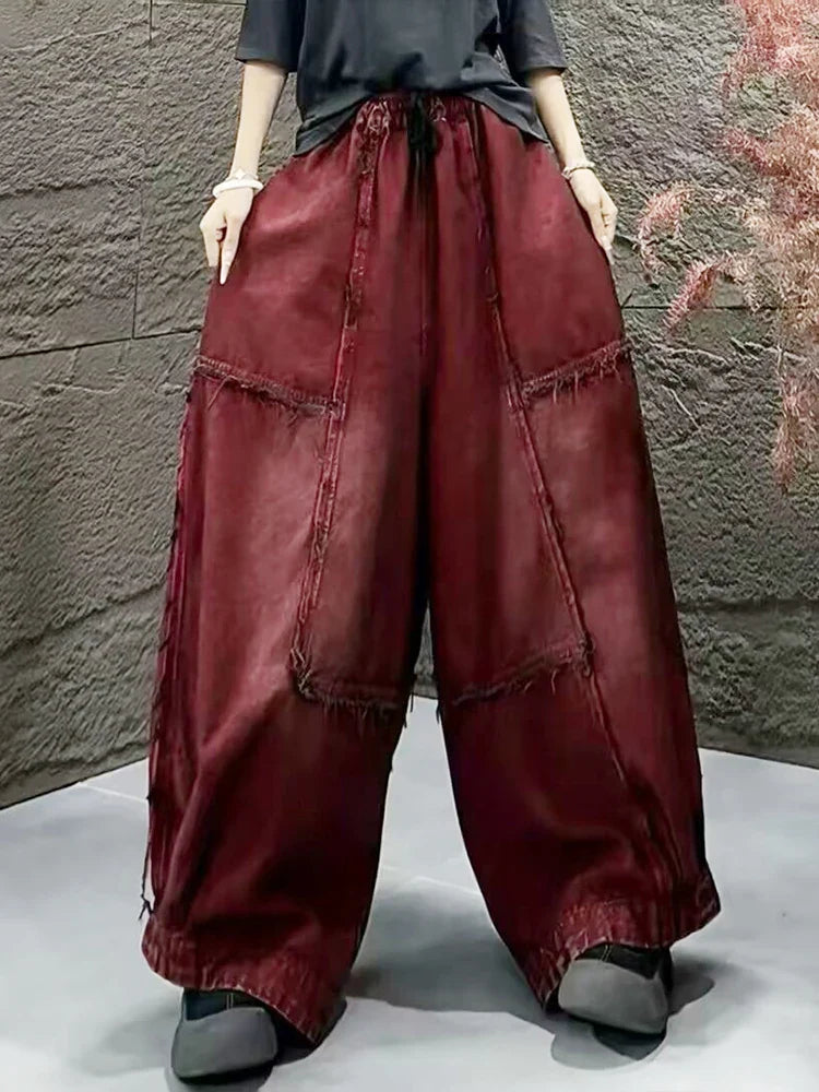 Amax LuluE Korean Winter Fashion Jeans Womens Loose Vintage Design Denim Wide Leg Pants Classic Leisure Elastic Waist Trousers
