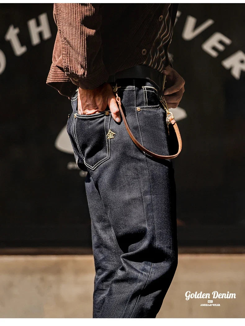 Vintage Embroidered Denim Jeans for Men Amekaji 15oz Heavy Baggy Jeans Original Cowboy Casual Pants Straight Trousers