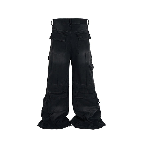 Vintage Washed Detachable Flared Cargos Mens Straight Casual Baggy Overalls Oversized Streetwear Boot Cut Black Color Trousers