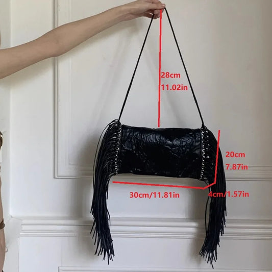 Rock Long Tassel Rivet Punk Pleated Women Armpit Bag Black Pu Leather Female Shoulder Bags Street Fringed Ladies Clutches