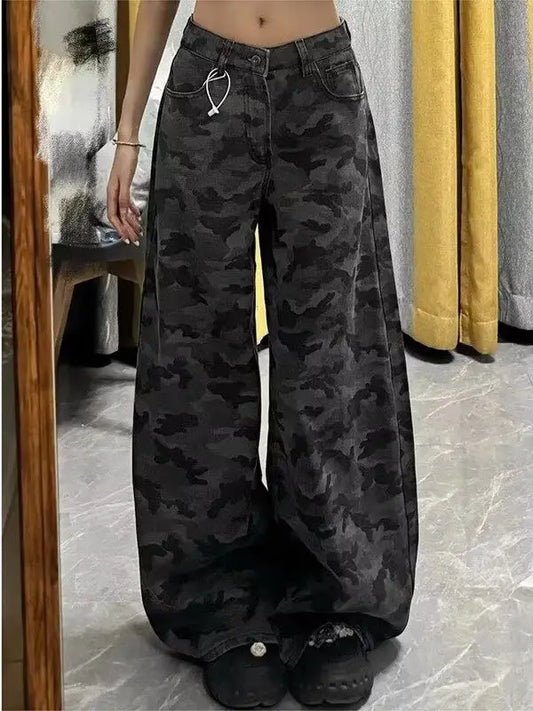 American Sle Camouflage Workwear Jeans Women's Spring Summer New plus Size Fat MM High Waist Loose Slim Straight Leg Pants