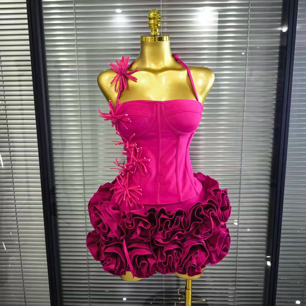 Red Color Women Sexy Halter Full Florals 2 Pieces Bodycon Mini Bandage Dress Celebrate Nightclub Party Birthday Dress