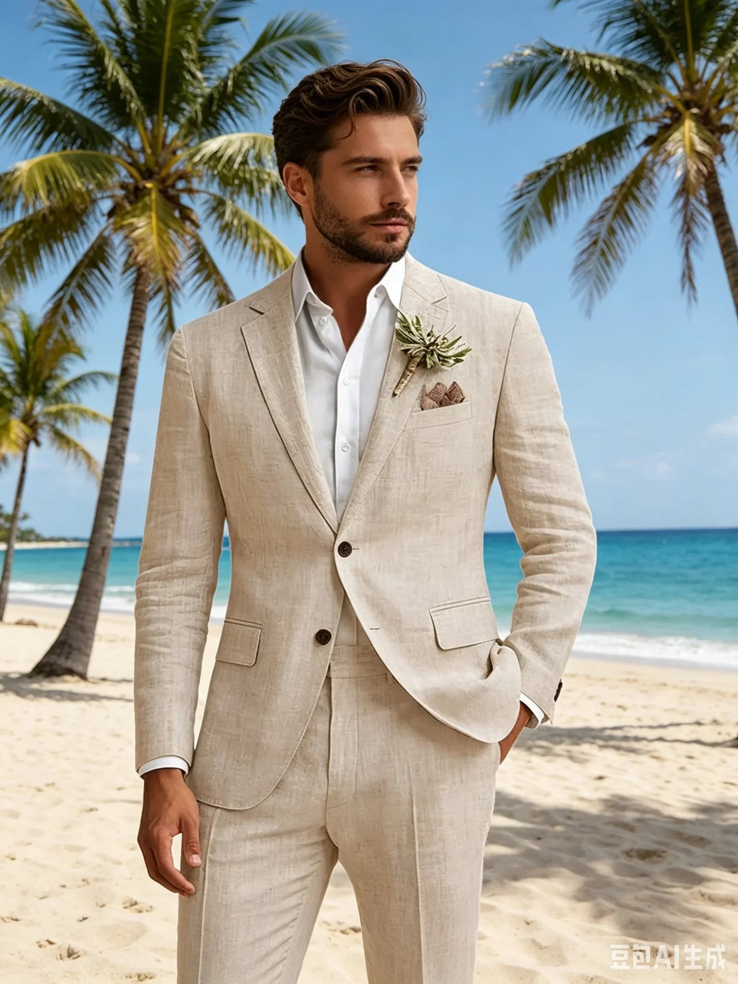 Beige Linen 2 Piece Men's Slim Fit Suit Notch Lapel Two Buttons Blazer And Pants Set for Groom Tuxedos Wedding Prom Beach Summer