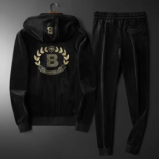 Autumn Men's Sportswear Solid Color Solid Color Zipper Hooded Pocket Jacket Drawstring Trousers Sports Clothing Set