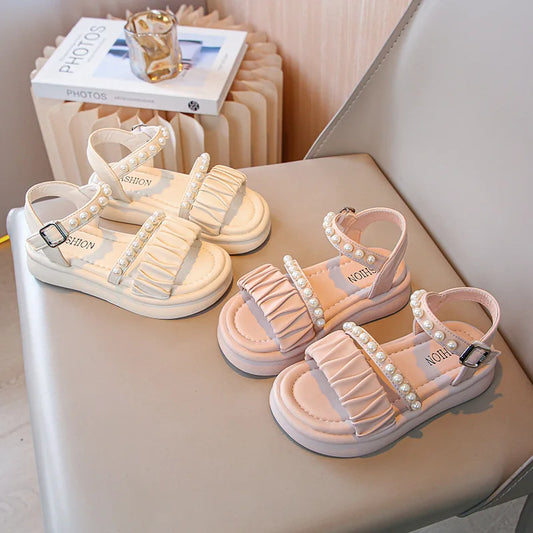 Girls Sandals Kids Summer Shoes Children's Beach Sandals with Pearls Princess Sweet Anti-slippery Open Toes Lace Chic Beading