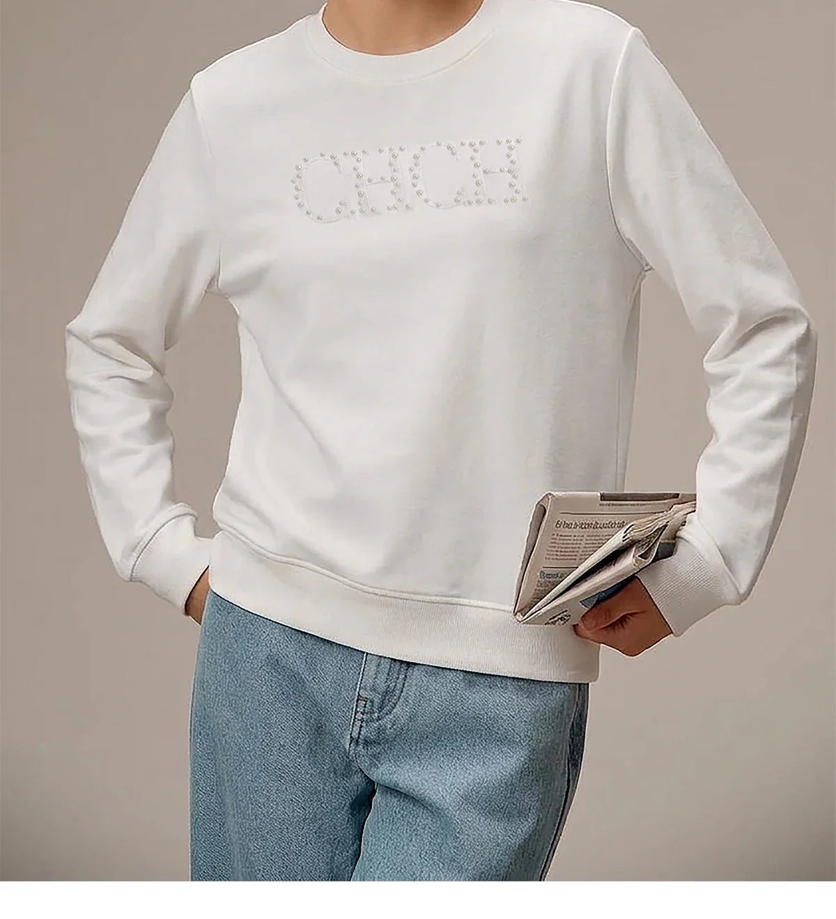 Women's Hoodie 2026 New Simple Pearl Embroidered Top Women's Beige Loose Long Sleeve Hoodie