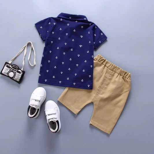 2PCS Baby Set Cute Kids Boys Clothes Summer Random Print Boat Anchor Pattern Short Sleeve Shorts Set For 1-5Years