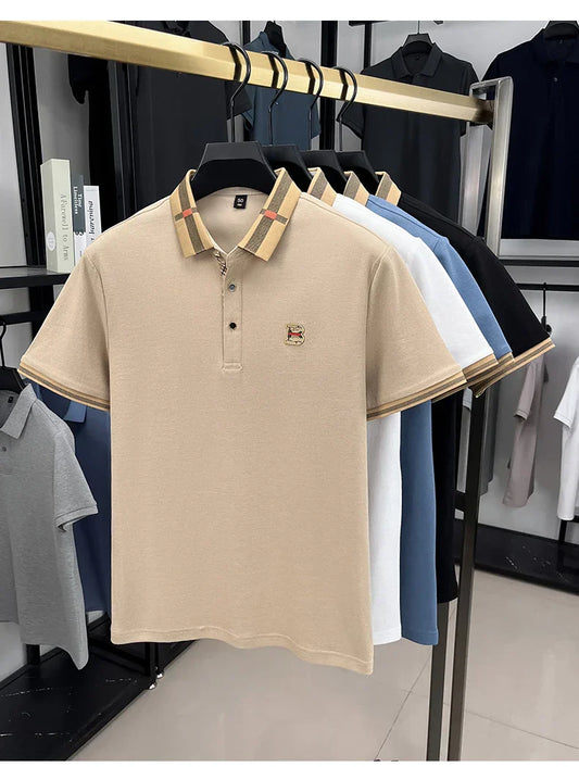 Summer men's light luxury brand letter printed short sleeved T-shirt Polo shirt breathable striped collar business casual top