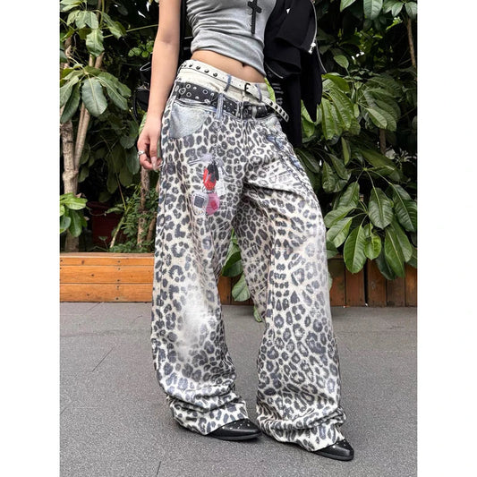 Women Baggy Y2k Leopard Jeans Japanese 2000s Hip Hop Oversize Graffiti 3D Jean Pants Vintage Harajuku Denim Trousers