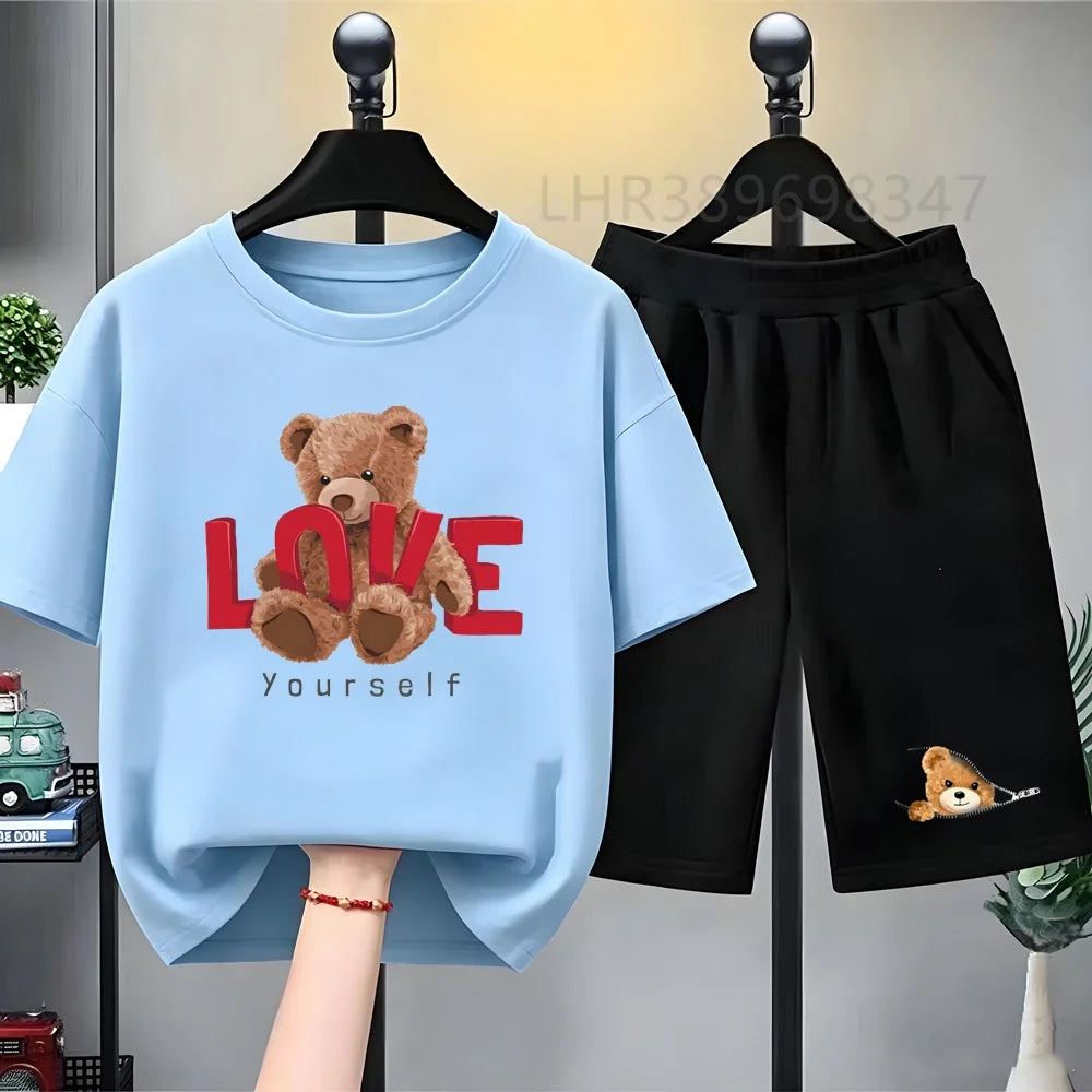 Kids T-shirt+Shorts Two-Piece Set White Clothing Boy Girl 3-12 Yrs Sports Short-Sleeved Summer Casual Little Bear Printing Set