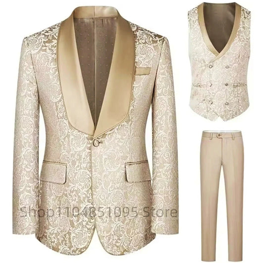 Champagne Jacquard 3 Piece Men's Formal Tuxedo Slim Fit Shawl Lapel Blazer Set for Wedding Groom Best Man Suits for Party Prom