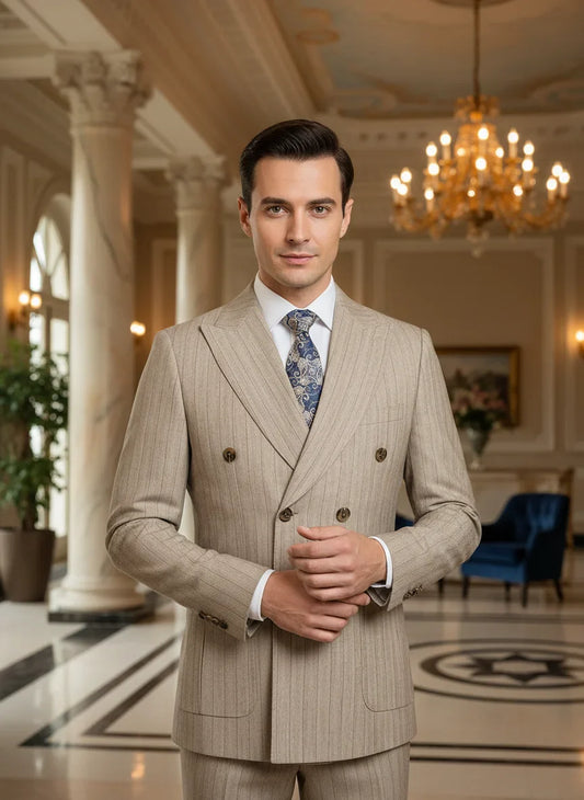 Two-Piece Dress Green Fashion Stripe Double Breasted Wedding Groom Costume Leisure Office Business Men Suits