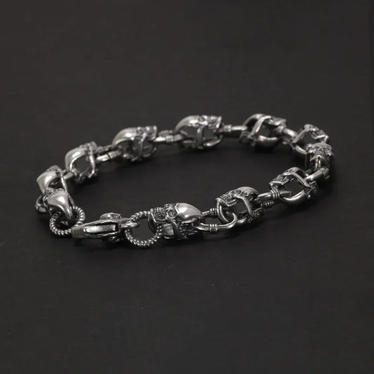 Bracelet chaîne tête de mort en argent sterling 925 véritable pour hommes et femmes, style gothique dominateur, bijoux rock de rue, cadeau