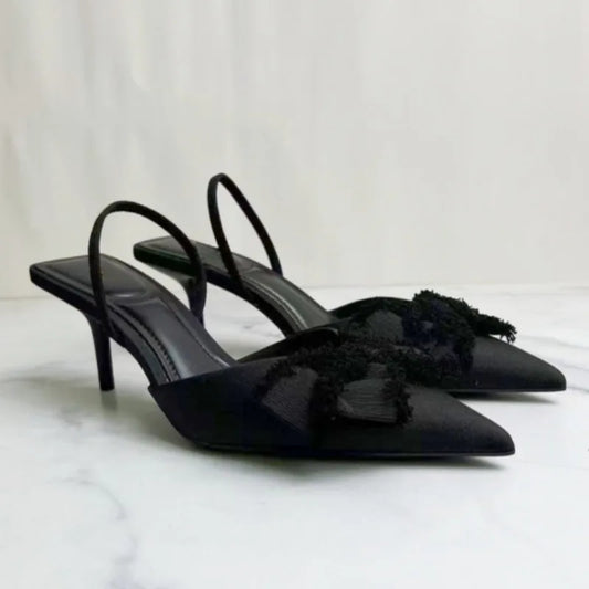 2025 Summer Women Slingback Shoes Black Bow Decoration Pointed Toe High Heels Formal Business Stiletto Female Party Sandals
