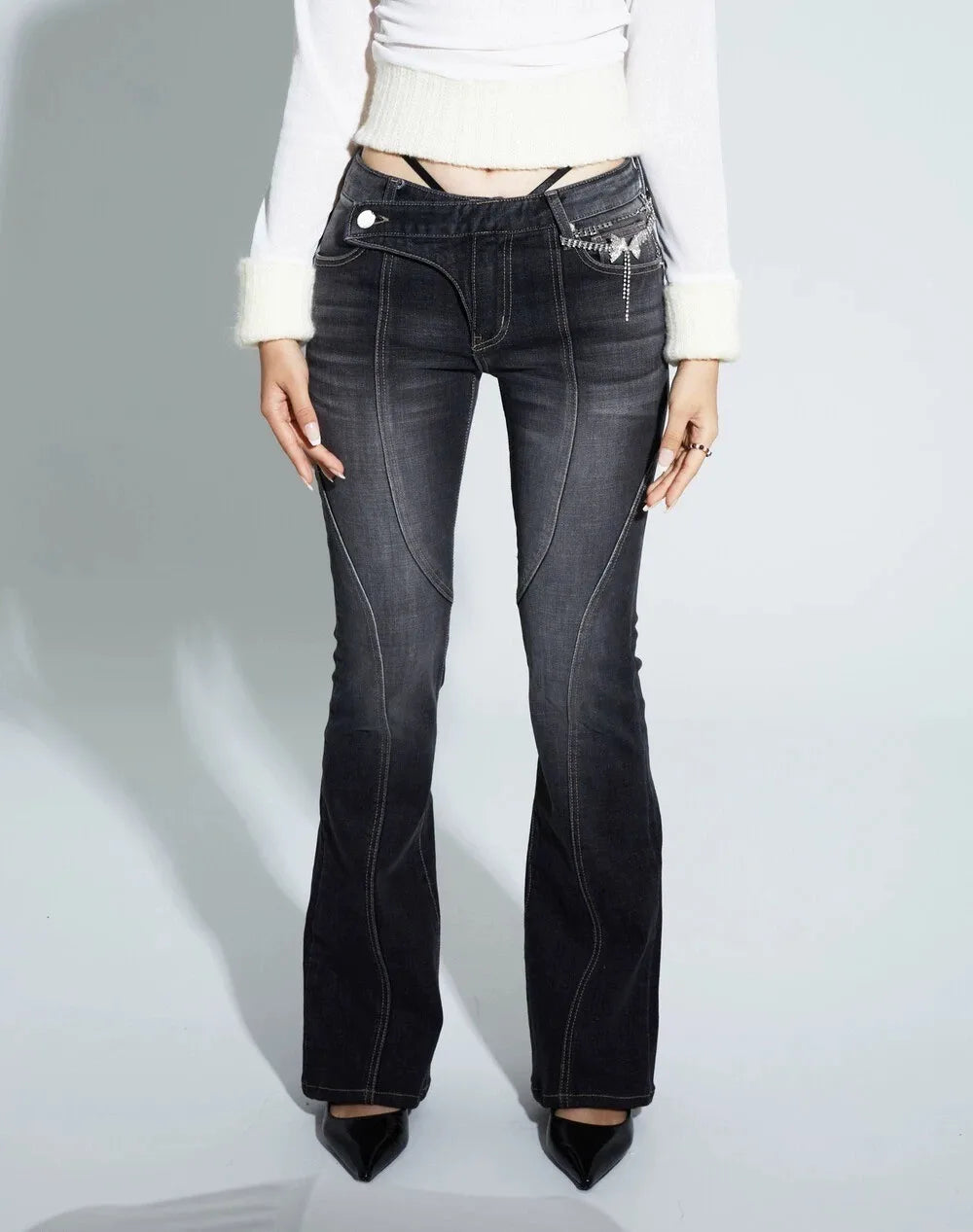 Karrram Vintage Distressed Low Waist Jeans Grunge Asymmetrical Waist Denim Pant Korean Fashion Black Flare Jeans Kpop Streetwear