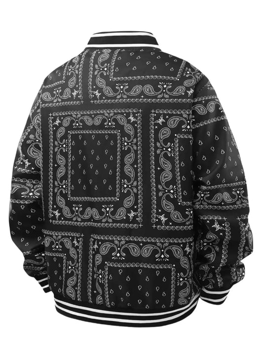 Men's Single-Piece Retro-Style Cashew Flower Splicing Jacket, Casual, Baseball, Home, Versatile, Fashionable, Daily Work Clothing