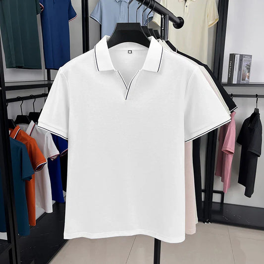 Fashion brand men's short sleeve polo simple comfortable high-end solid color personalized V-neck summer leisure lapel T-shirt
