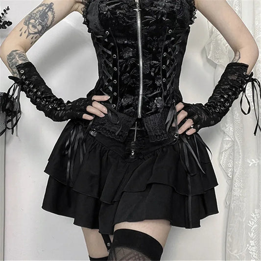 Punk Cross Patchwork Pleated Skirts Mall Gothic Techwear Bottoms Grunge Aesthetic Women Bandage Mini Skirt Alt Clothes