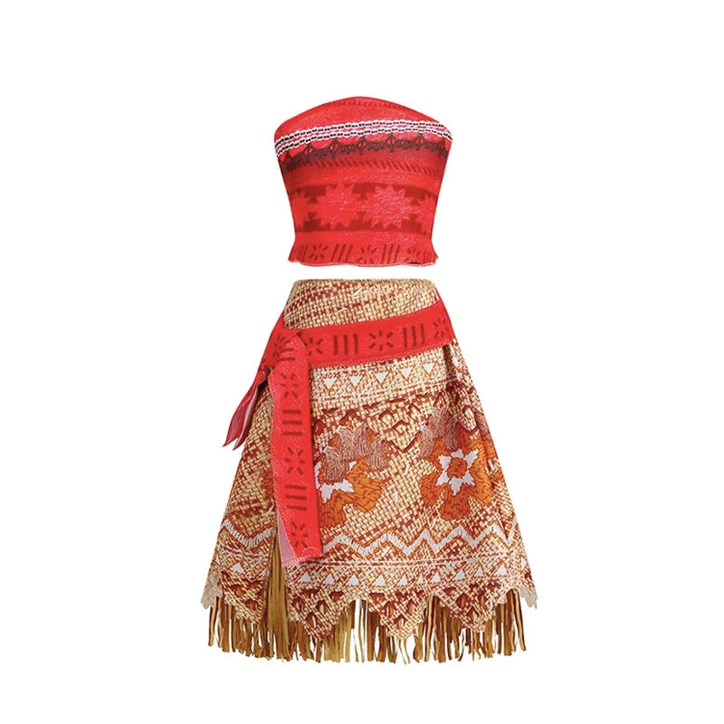 Girls Moana Princess Dress for Kids Carnival Cosplay Vaiana Costume Children Birthday Party Headwear Necklace Flower Clothes Set