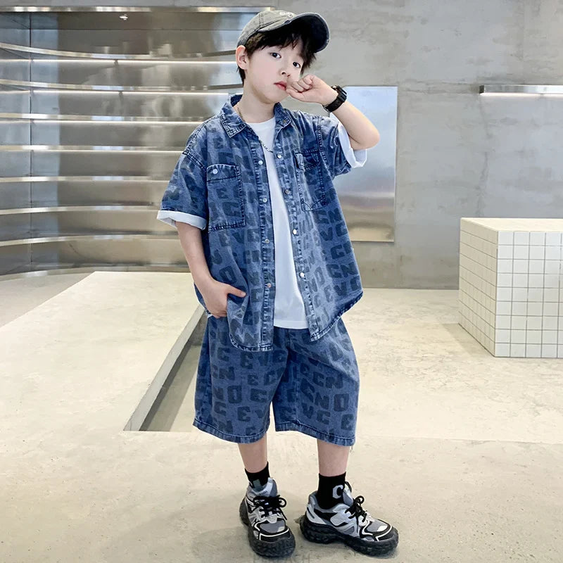 Kids Summer Casual Clothing Set for Tween Boys Shirt And Short Denim 2 Piece Outfit Set Teens Child Cool Streetwear Suit Wear