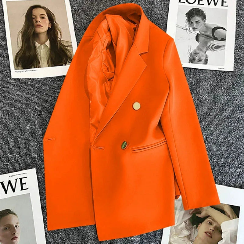 Casual Small Suit Jacket Women Fashion Loose Metal Double-Breasted Blazer Coat Korean Occupation Office Formal Lapel Blazers