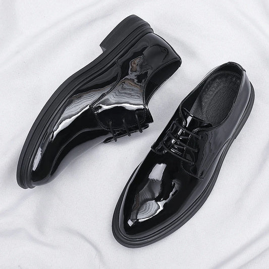 Mens Black Patent Leather Lace Up Dress Shoes With Thick Sole Platform Block Heel Formal Business Wedding Party Office Work Shoe