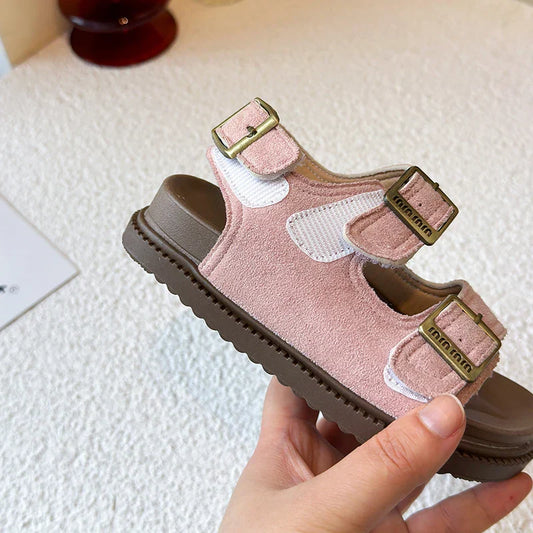 Kids Suede Strappy Sandals for Boys Girls 2025 Summer Toddler Beach Barefoot Shoes Non-slip Versatile Comfort Casual Sandals Ins
