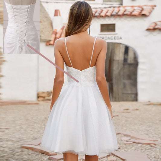 Real Wedding Dress A Line Spaghetti Straps V Neck Applique Glitter Tulle Short Bridal Gown Backless Dresses for Bride