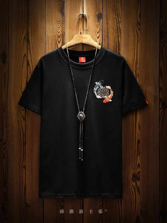 Mens Summer T Shirts Chinese Carp Embroidery T Shirt Men Vintage Graphic Tees Harajuku Cotton Casual Short Sleeve High Quality