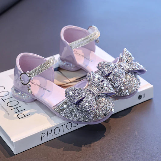 2025 Children's Crystal Princess Shoes bow Tie stylish summer new girls' head-wrapped sandals small high heels performance shoes