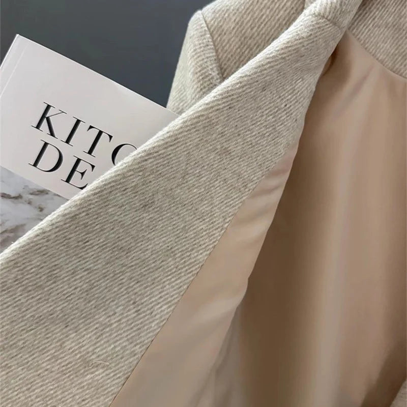 Fashion Woolen Suit Jacket Women's Vintage Blazers Double-breasted Office Coat Female Casual Outerwear Spring Autumn Streetwear