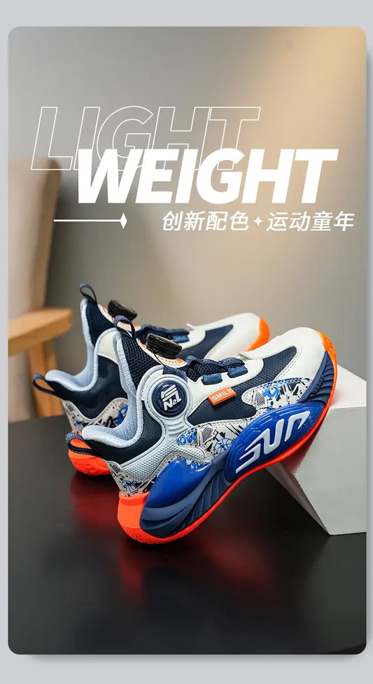 Leather Upper Children Basketball Shoes Rotatory Button Shock Absorbing Boys Shoes
