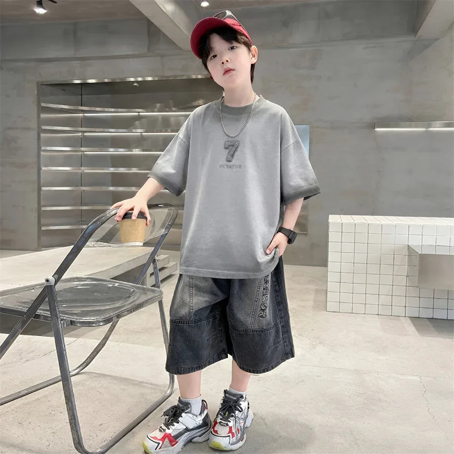 Luxurious Teen Boys Set For Child Elegant T-shirts + Denim Shorts 2PCS Clothes Set Summer Kids Luxury Clothing Set Age 6 To 16 Y