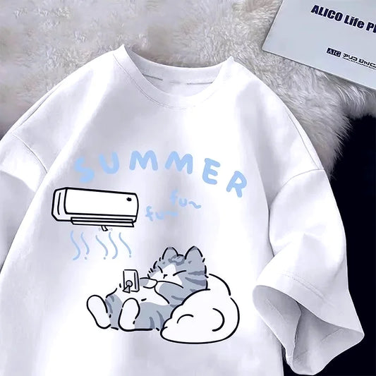 Plus Size Summer Japanese Cartoon Cute Cat Fun Print Short Sleeve T-shirt Women's Loose Casual Half Sleeve Soft Bottom Shirt Top