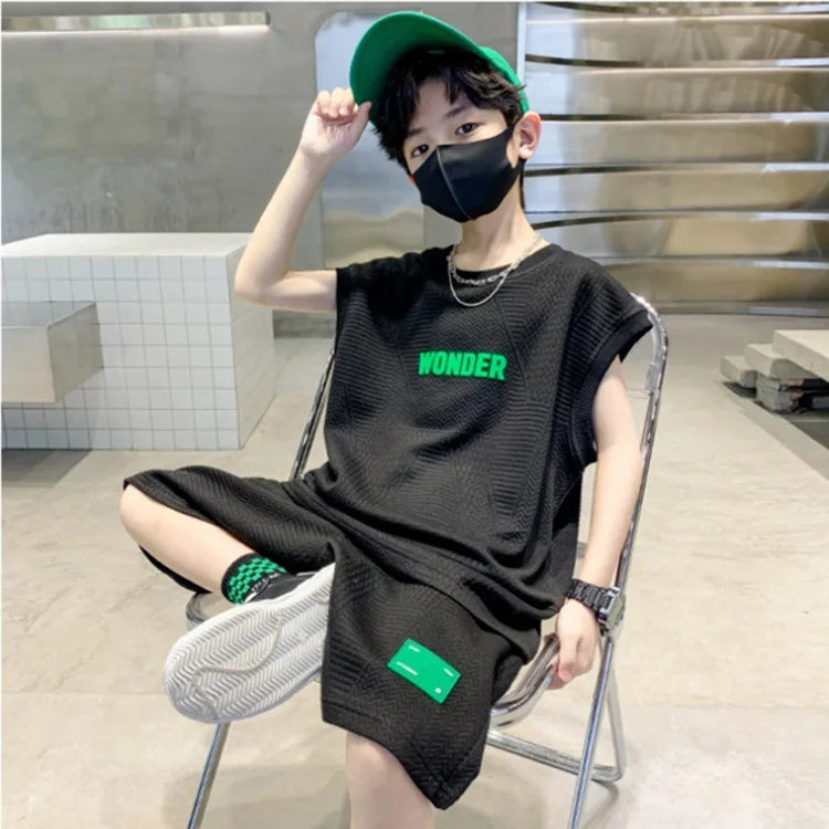 Summer Boys Waffle Alphabet Sleeveless t-Shirt Tops+Short Pants Set School Kids Tracksuit Child 2PCS Outfit Jogger Suit 5-16 Yrs