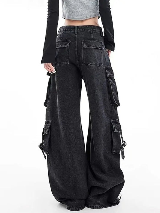 Black Gothic Punk Multi-Pocket Zipper Denim Jeans Men And Women Y2K American Baggy Fashion High Waist Loose Wide-Leg Jeans