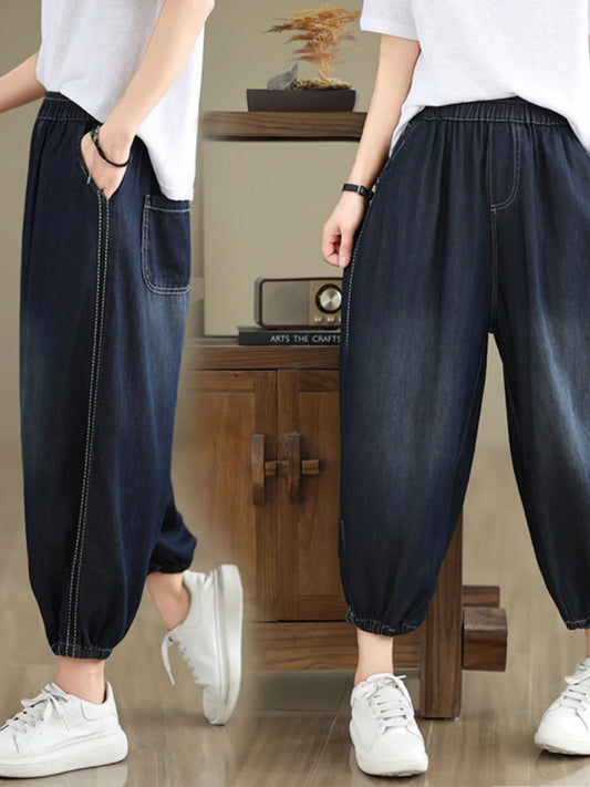 Retro Full Cotton Waed Denim Pants Women Summer Elastic Waist Thin Slimming Lantern Pants Marked Line Nine Points Harlan Pants