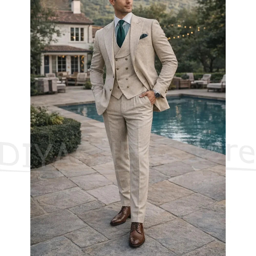 Men Beige Linen 3 Piece Suit Peak Lapel Single Breasted Blazer Vest And Pants Smart Casual Formal Wedding Party Summer Outfit