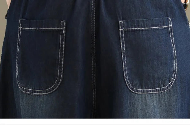 Retro Full Cotton Waed Denim Pants Women Summer Elastic Waist Thin Slimming Lantern Pants Marked Line Nine Points Harlan Pants