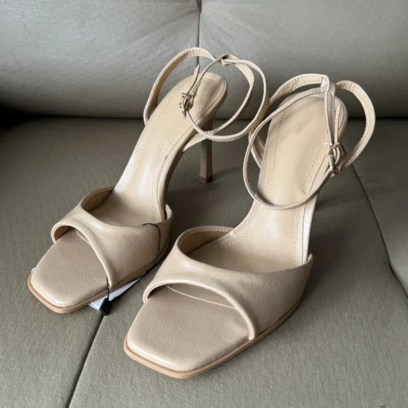 Gold Patent Leather Ankle Buckle High Heeled Sandals Women Sexy Square Toe Open Toe High Heels Summer Fashion Party Office Shoes