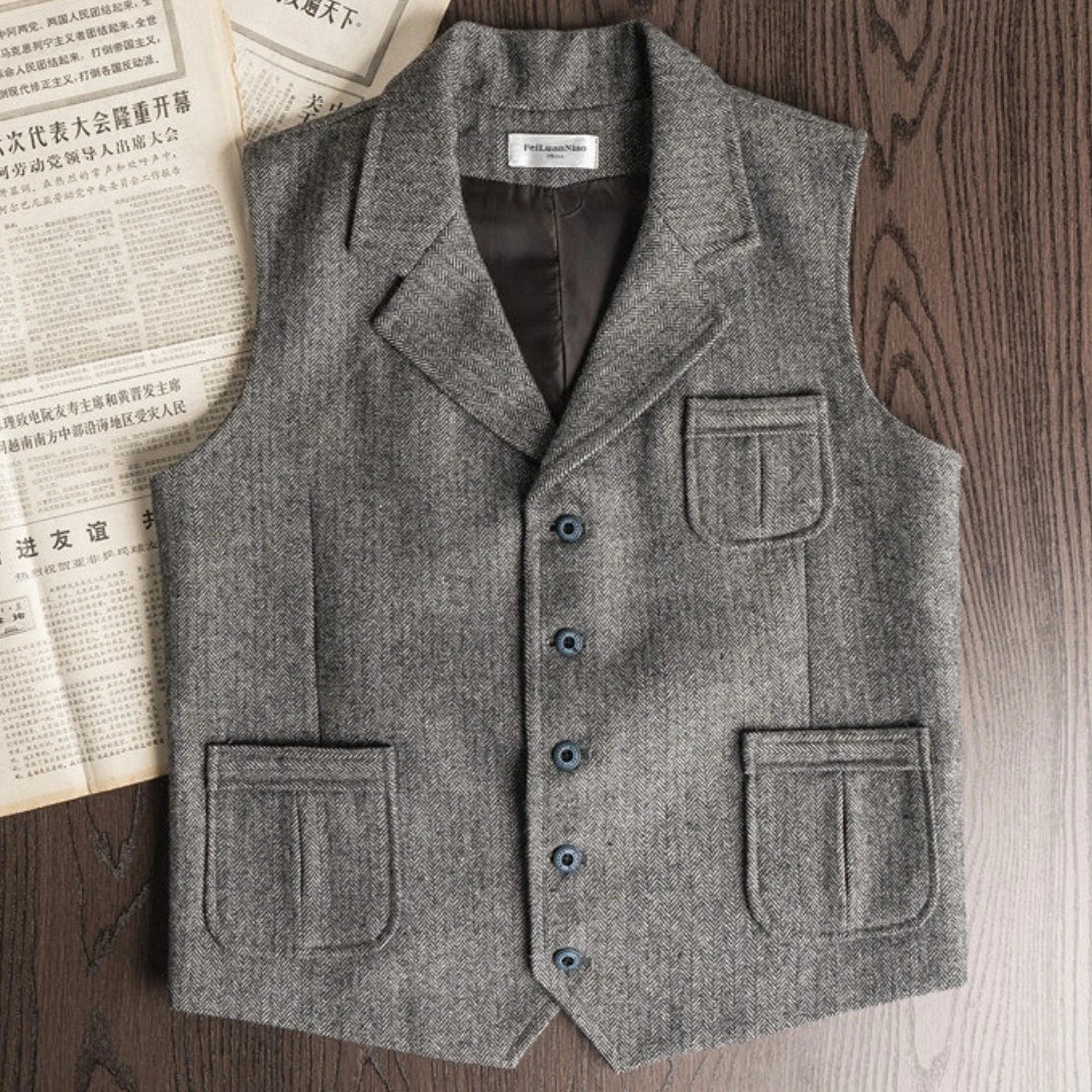 Men Vest Brown Herringbone Single Button With Lapel And Pocket Waistcoat For Wedding Banquet Business Casual Work Men Suit Vest