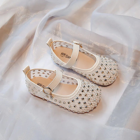 2026Summer Girl's Sandals Crystal Air Mesh Biege Sliver Luxury Kids Flat Shoes Beautiful Party Graceful Anti-skid Childern Shoes
