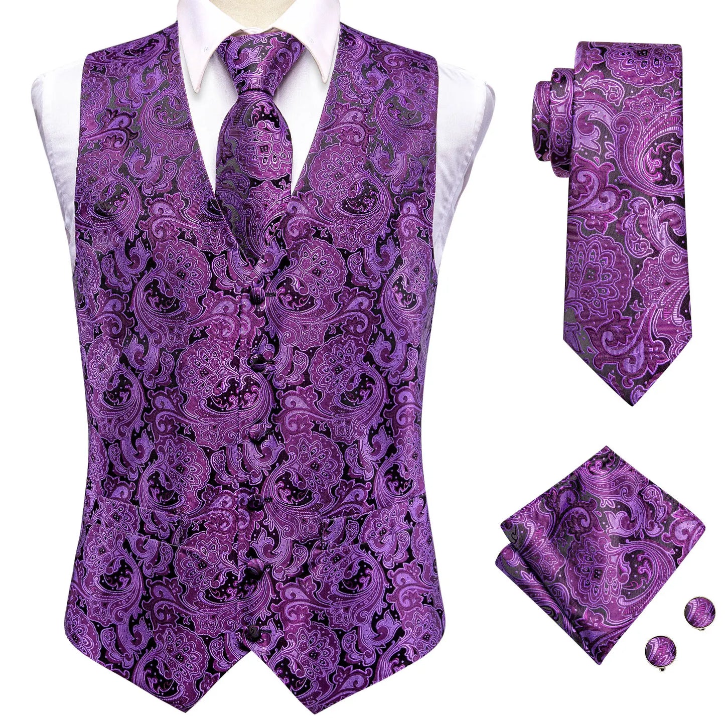 Purple Silk Mens Waistcoat Tie Set Sleeveless Jacket Suit Vest Necktie Hanky Cufflinks Wedding Business Oversized