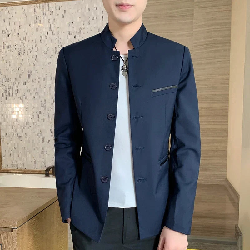 Men's Black Stand Up Collar Blazer Coat, Wedding Party Dress Jacket, Asia Sizes Slim-Fit Single Breasted Jaqueta, Blue Red Tops.